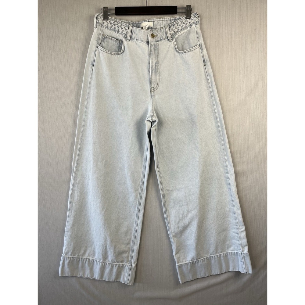 H&M Braided Waistband Wide Leg Jeans Womens 10 Light Wash High Rise Cotton Denim